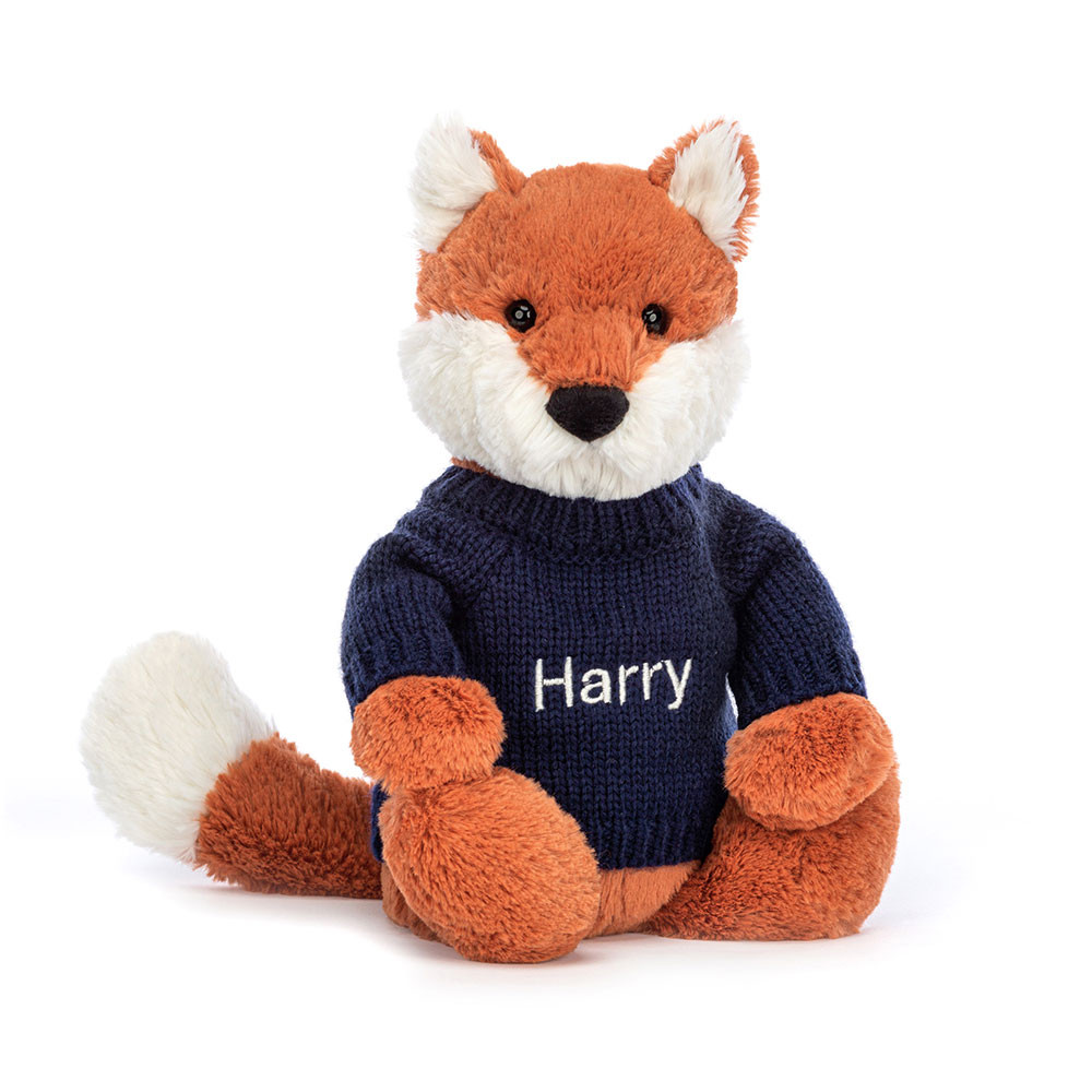 Bashful Fox Cub with Personalized Navy Jumper